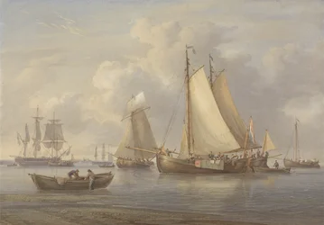 Niederländische Fischerboote vor Anker in einer Mündung, ca. 1850-60